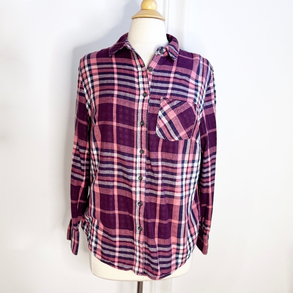 Ava Viv Burgundy Red Multi Plaid Button Down Cotton Shirt Size X/XL Extra Large